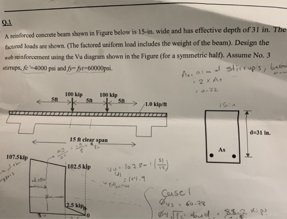 A reinforced concrete beam shown in Figure below is 15-in. wide and has effective depth of31 in. The factored loads are shown