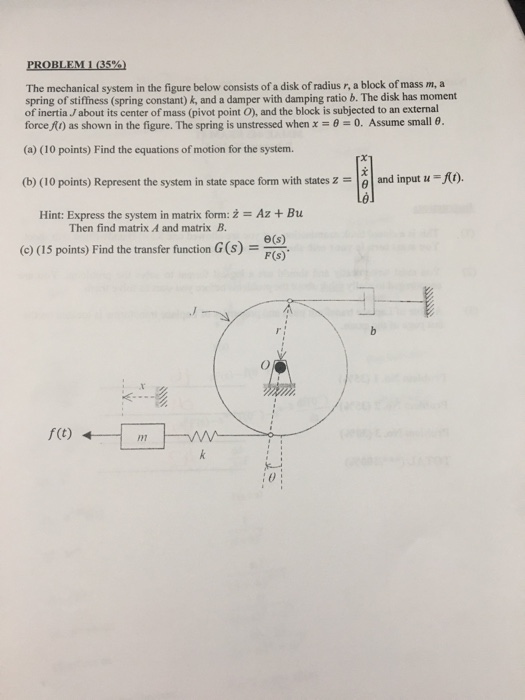 PROBLEM 1 (35 %) The mechanical system in the figure below consists of a disk of radius r, a block of mass m, a spring of sti