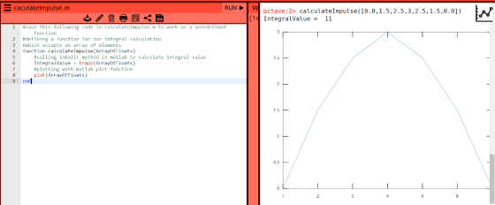 = caculate!mpulse.m RUNV octave:2> calculateImpulse([0.0,1.5,2.5,3,2.5,1.5,0.0]) ntegralValue = 11 #save this following code