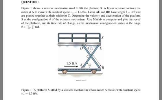 QUESTION 1 Figure 1 shows a scissors mechanism used to lift the platform S. A inear actuator controls the roller at A to move