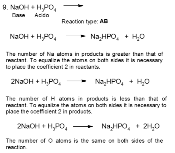 9. NaOH H3PO4 Base Acido Reaction type: AB NaOH H3PO NaHPO + H,о The number of Na atoms in products is greater than that of r