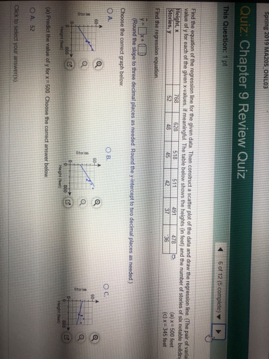 Spring 2019 MA205 ONLO3 Quiz: Chapter 9 Review Quiz This Question: 1 pt 6 of 12 (5 the heights (in feet) and the number of st