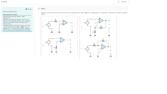 P 13.38 18 of 18 Il Review Part A Consider the table below Select the correct cireuit which could provide an input impedance