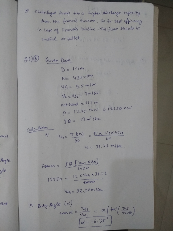 (x) centr has a in case ob Fran sus tunがre , the flo。Hould te redlial at outlet 06)⑤ Guven Data D= 1.4m V4- 9.sm 12250 kW P =