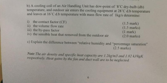 b) A cooling coil of an Air Handling Unit has dew-point of 8C dry-bulb (db) temperature, and outdoor air enters the cooling