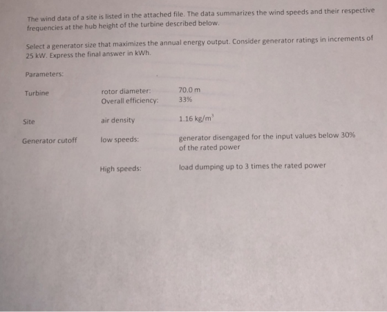 The wind data of a site is listed in the attached file. The data summarizes the wind speeds and their frequencies at the hub