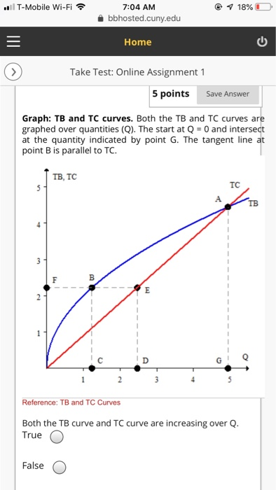 ..1 T-Mobile Wi-Fi令 @ 18%, о- 7:04 AM bbhosted.cuny.edu Home Take Test: Online Assignment1 5 points Save Answer Graph: TB and