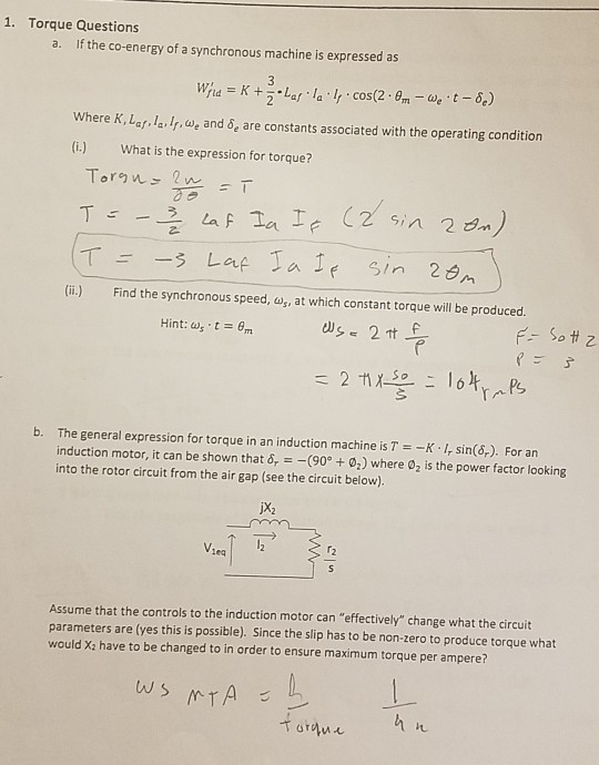 1. Torque Questions If the co-energy of a synchronous machine is expressed as a. where K, lar-la, liu, and δ, are constants a