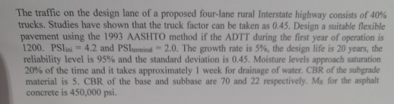 The traffic on the design lane of a proposed four-lane rural Interstate highway consists of 40% trucks. Studies have shown th