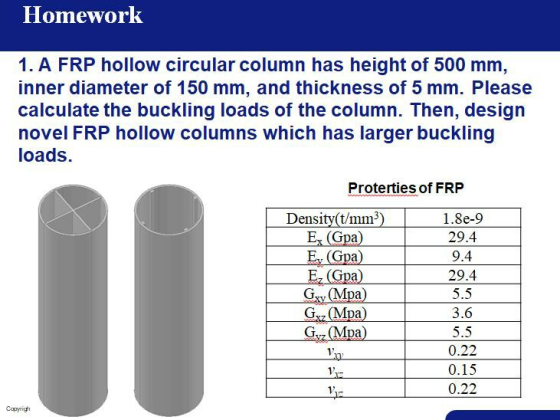 flomework 1. A FRP hollow circular column has height of 500 mm inner diameter of 150 mm, and thickness of 5 mm. Please calcul