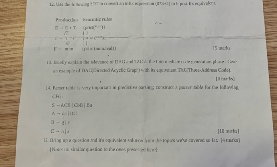 12. Use the following SDT to convert an infix expression (9*3+2) to it post-fix equivalent. Semantic rules Production (print(