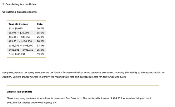 2. Calculating tax liabilities Calculating Taxable Income Taxable income Rate $1 $9,075 10.0% $9,076-$36,900 15.0% 25.0% $36,