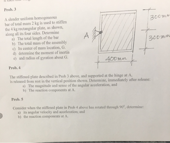 Prob. 3 A slender uniform homogeneous bar of total mass 2 kg is used to stiffen the 4 kg rectangular plate, as shown, along a