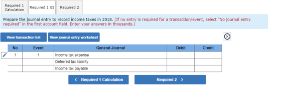 Required 1 Calculation Required 1 GJ Required 2 Prepare the journal entry to record income taxes in 2018. (If no entry is req