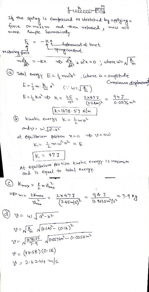 e SprtA is compressed r stretched bt afra ce On ass and theu vejeascel , mass wi meve mple harmonicay vestecw^ Prte To ene