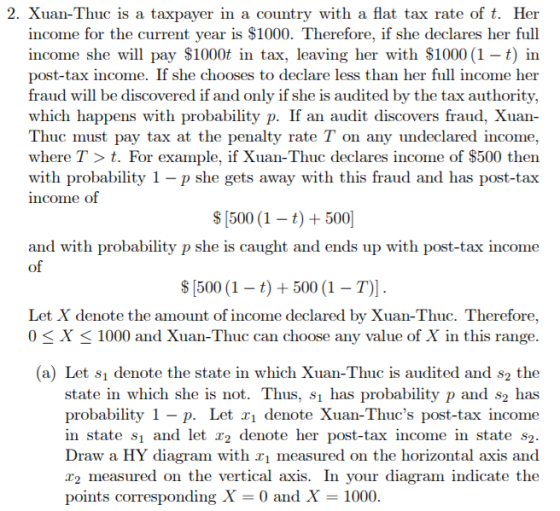 2. Xuan-Thuc is a taxpayer in a country with a flat tax rate of t. Her income for the current year is $1000. Therefore, if sh