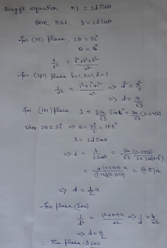 Brag y equation: 2d Sing flere, n=, 2d Sine for CHI) ana, 20=32 K+K4Q2 1 2 a2 or CI) aha blkEl, RE 2 V3 =2a (0.27S6) 3 for 2a