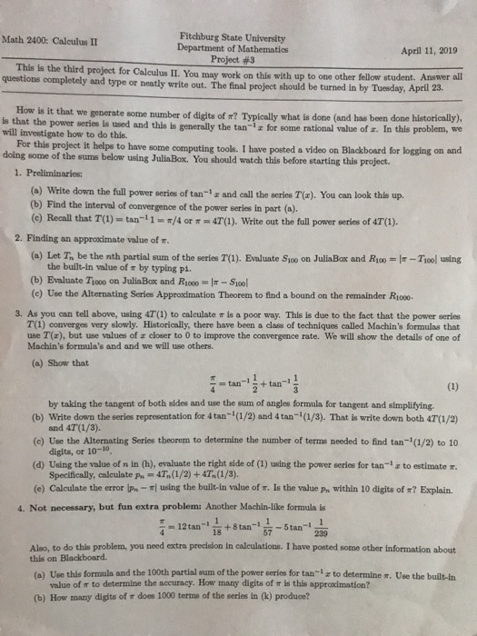 Fitchburg State University Department of Mathematics Project #3 Math 2400: Calculus II April 11, 2019 project for Calculus II
