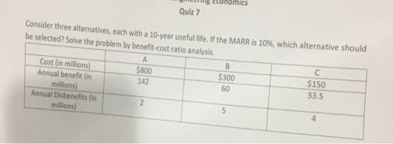 Quiz 7 Consider three alternatives, each with a 10-year useful life. If the MARR is 10%, which alternative should be selected