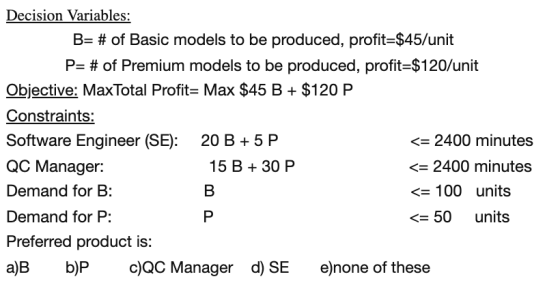 Decision Variables: B= # of Basic models to be produced, profits$45/unit P= # of Premium models to be produced, profit-$120/u