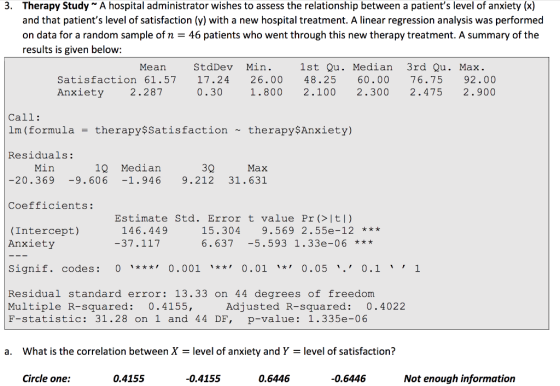 Therapy Study A hospital administrator wishes to assess the relationship between a patients level of anxiety (x) and that