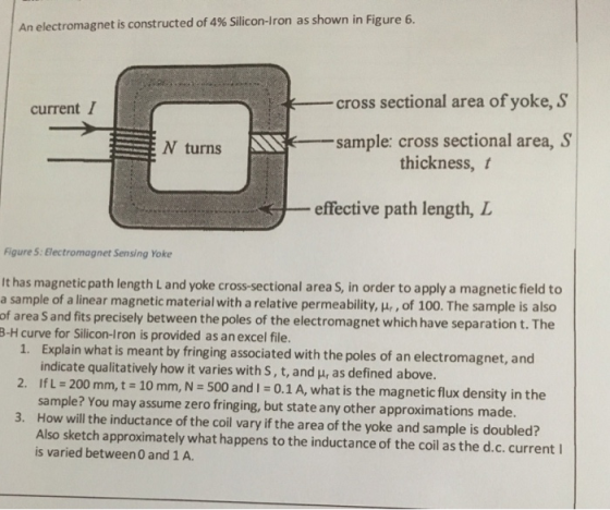 An electromagnet is constructed of 4% Silicon-iron as shown in Figure 6. current 1 cross sectional area of yoke, S N turns sa