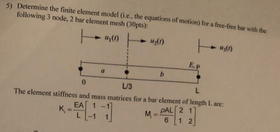 Determine the finite element model (i.e., the equations of motion) for a free-free bar with the following 3 node, 2 bar eleme