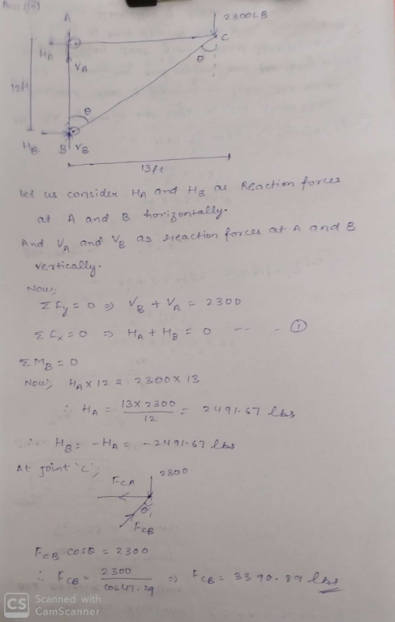 2300LB ip VA He B Ve 13ft Reaction fores let tus consider H and Hea horizontally A and B at as reaction forces at A and B VA