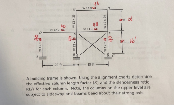 143 t 13 tHo W 16 x E at lo A building frame is shown. Using the alignment charts determine the effective column length facto
