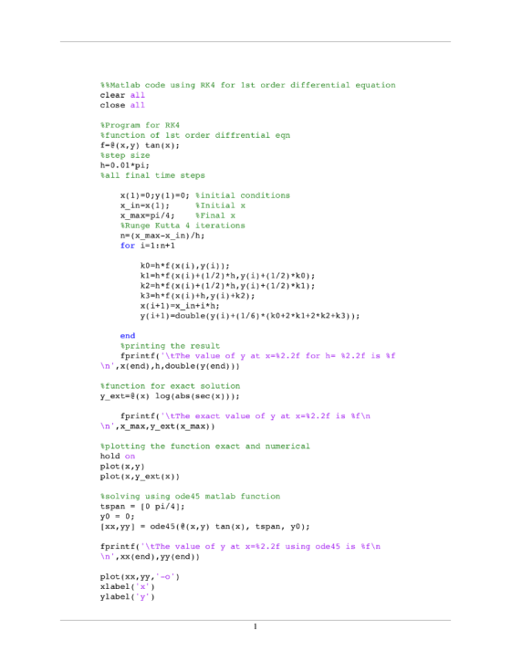 Matlab code using RK4 for 1st order differential equation clear all close all Program for RK4 %function of 1st order diffrent