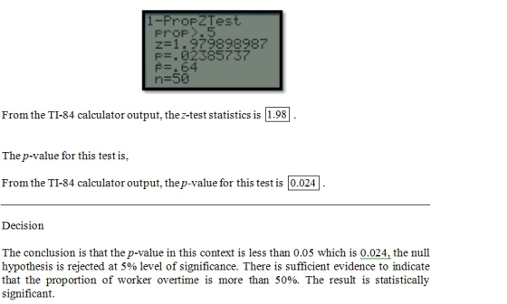 z-1.979898987 P=.02385737 P. 64 From the TI-84 calculator output, thez-test statistics is 1.98 The p-value for this test is,