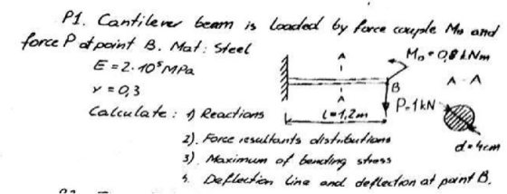P1. Cantilen beam is loaded by fare ccuple Mo and force Pot paint B. Mat: Steel E-2.10 MPa M 8INM A A yQ3 P.1kN Calculate: Re