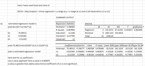 here I have used Excel and solve it: DATA> Data Analysis > chose regression >y range as y>x range as x1 and x2 all observatio