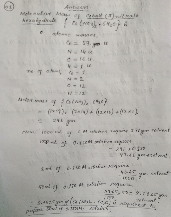 Answ us 0 hexahy drale 6 atomic mones ic N 2. uclan mass f C(nos)a 920 Mclat mass m. Now, looo mL cl 1 M selu hon ว«quer e 2