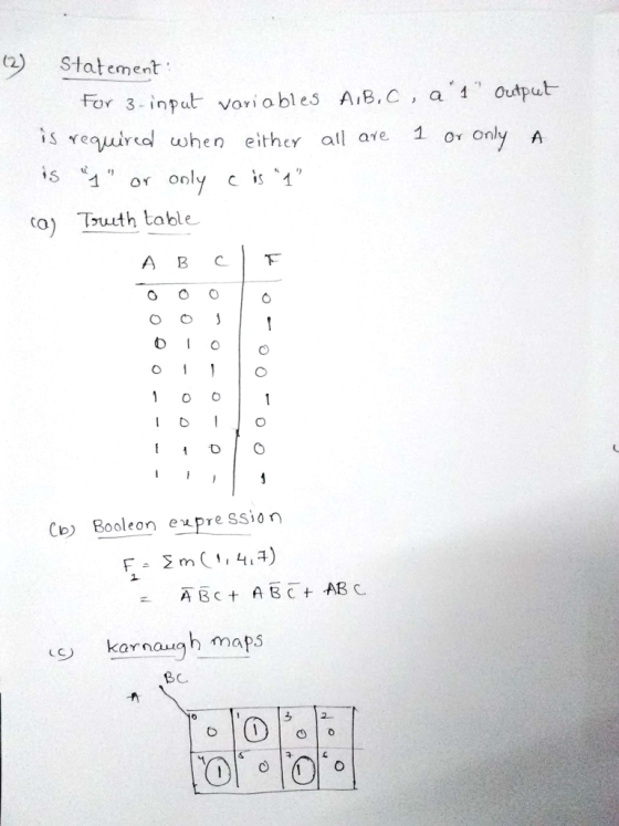 (2) Statement to r 3. inpu匕 variables A,B,C , at, output is vequireol uwhen either all ae 1 or only A is , or only cis? to)