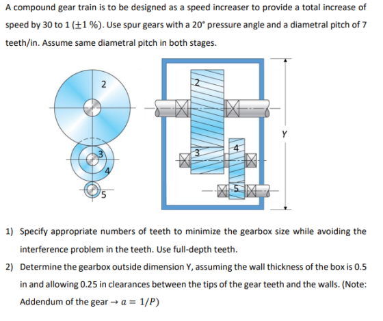 A compound gear train is to be designed as a speed increaser to provide a total increase of speed by 30 to 1 ( 1 %). Use spur
