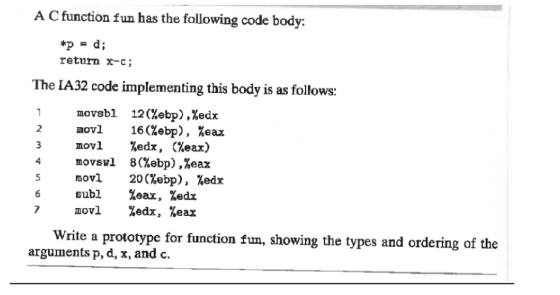 A C function fun has the following code body: *p -d; return x-c; The IA32 code implementing this body is as follows 12 (%ebp)