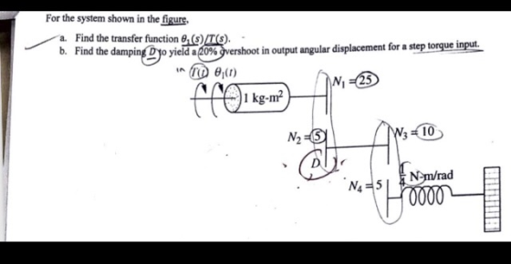 For the system shown in the figure. a. Find the transfer function 0,(s)/T(S). b. Find the damping Dyo yield a 20% gvershoot i