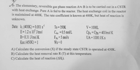 The elementary, reversible gas phase reaction A B is to be carried out in a CSTR with heat exchange. Pure A is fed to the rea