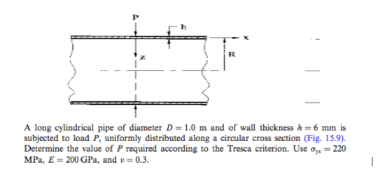 A long cylindrical pipe of diameter D 1.0 m and of wall thickness h 6 mm is subjected to load P, uniformly distributed along