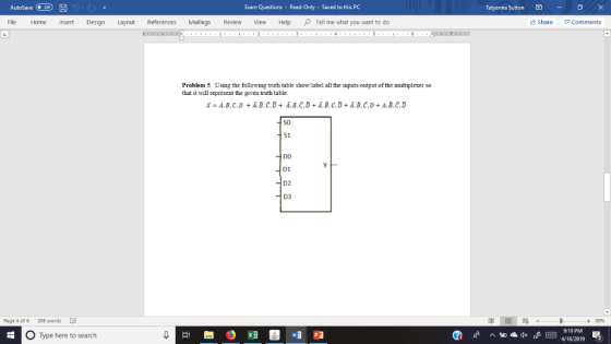 AutoSave On Exam Questions - Read-Only - Saved to this PC Tatyanna Sutton RI - 0 × Home insert Design Layout References Maili