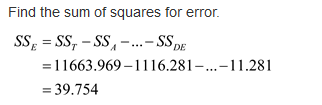 Find the sum of squares for error = 1 1 663.969-1 1 16.281-...-1 1 .281 = 39.754