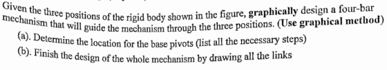 Given the three four-bar ee positions of the rigicd guide the mechanism through the three positions. (Use graphical method) t