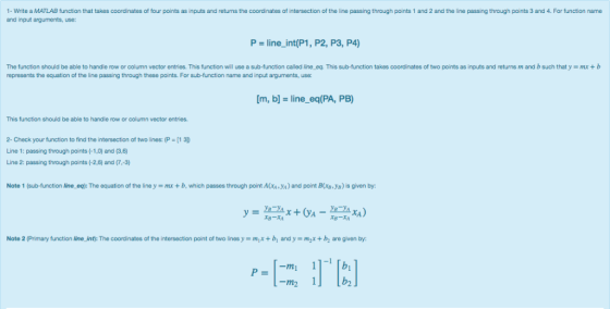 Write a MATLAB function that takes coord natos of four points as inputs and returns the coord nates of ntersection of the lin