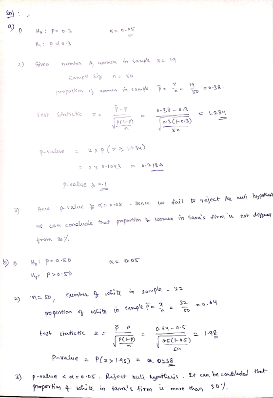 Sol a) 0 num, he、 2) Given 0-3-o.3 50 p-value. 3o test statistic p(-P)