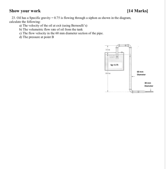 Show your work [14 Marks] 23. Oil has a Specific gravity 0.75 is flowing through a siphon as shown in the diagram calculate t