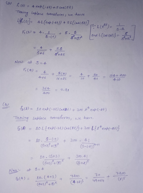 Lt) 4 exp(-6t)+5 Cosl5t) Taking Laplace tansform we have ct]= 4L(eatLe) + 5 L[aL5t] FL) L(as cat)a S-a F (S)=4.1 + 5. S and S