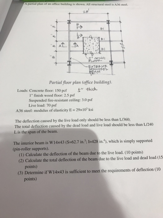 A partial plan of an office building is shown. All structural steel is A36 steel el AM Partial floor plan (office building) L