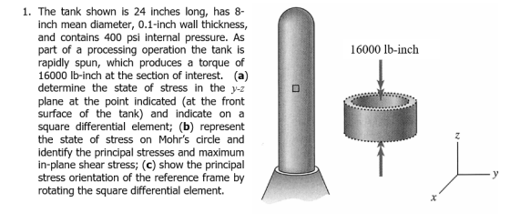 1. The tank shown is 24 inches long, has 8- inch mean diameter, 0.1-inch wall thickness, and contains 400 psi internal pressu