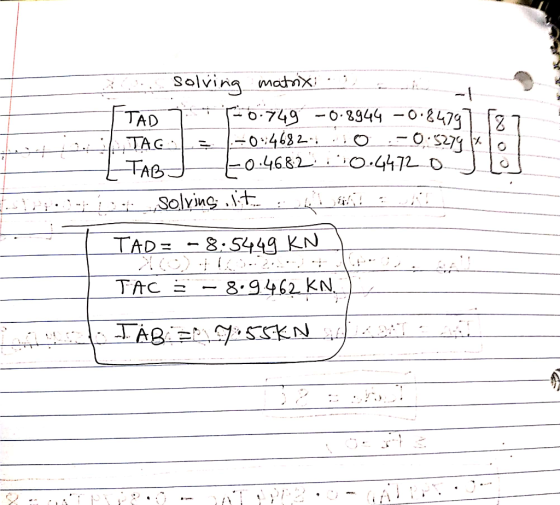 Solving modix Fo-749 -0-8944 -0.2479 0468 2 O027 O 46.82 O4472 O. TAD TAG TABJ Solvingt TAD= 8.S449 KN 8.9462 KN TAC 7NES = 8